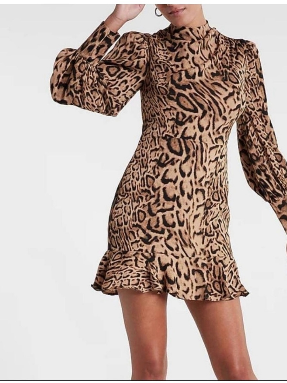 Express Leopard Print Ruffle-Hem Mini Dress - Tan & Black